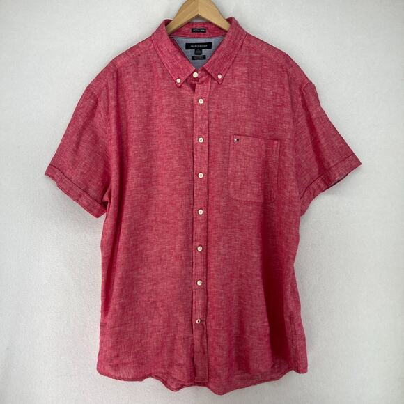 TOMMY HILFIGER Shirt Mens 2XL Cotton Linen Chambray Button Up Short Sleeve Pink - Picture 2 of 14